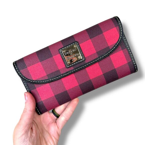 Dooney & Bourke Red Black Plaid Tucker Continental Lightweight Leather Clutch